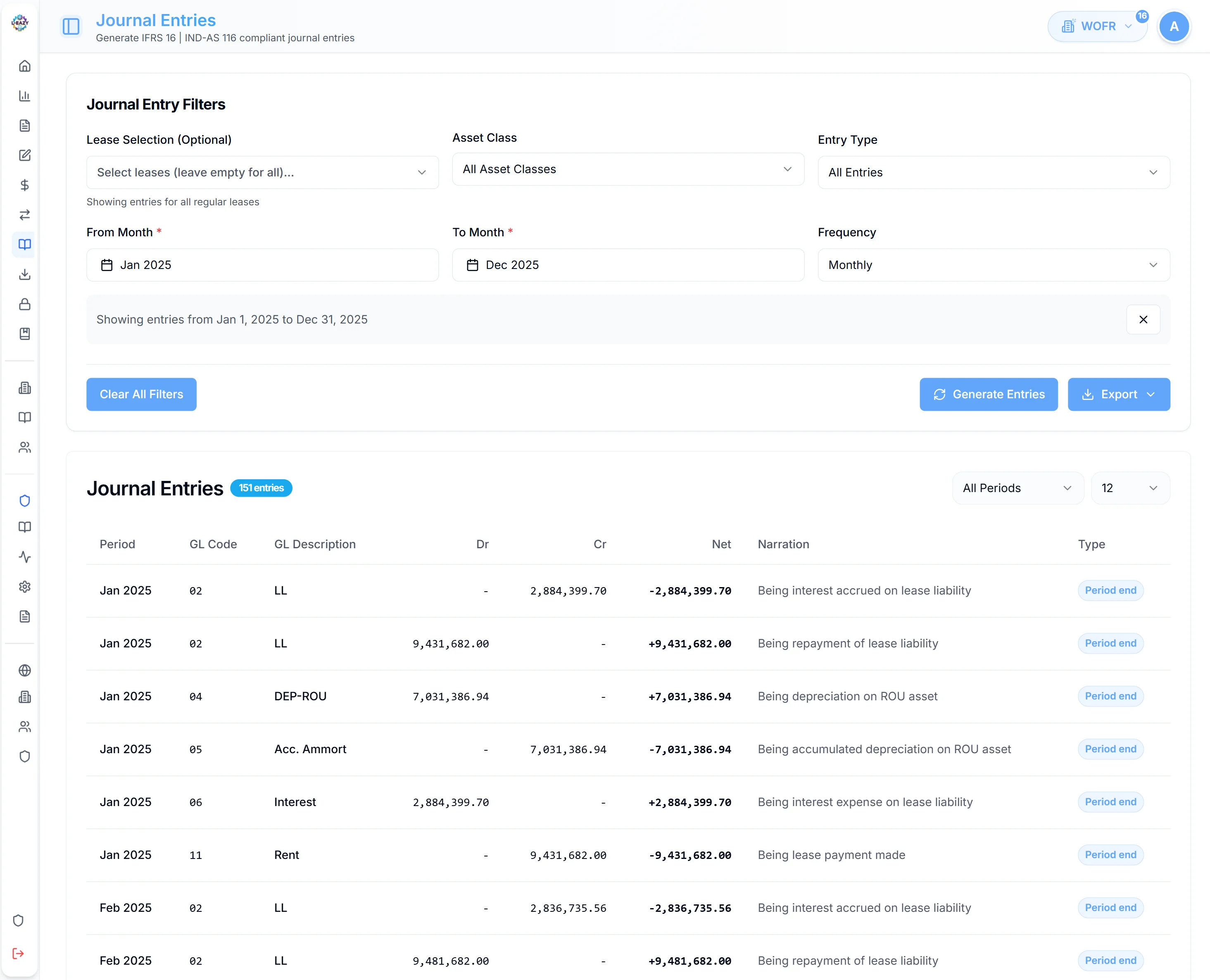 Auto-generated IND AS 116 and IFRS 16 lease journal entries after a lease modification in L-Eazy
