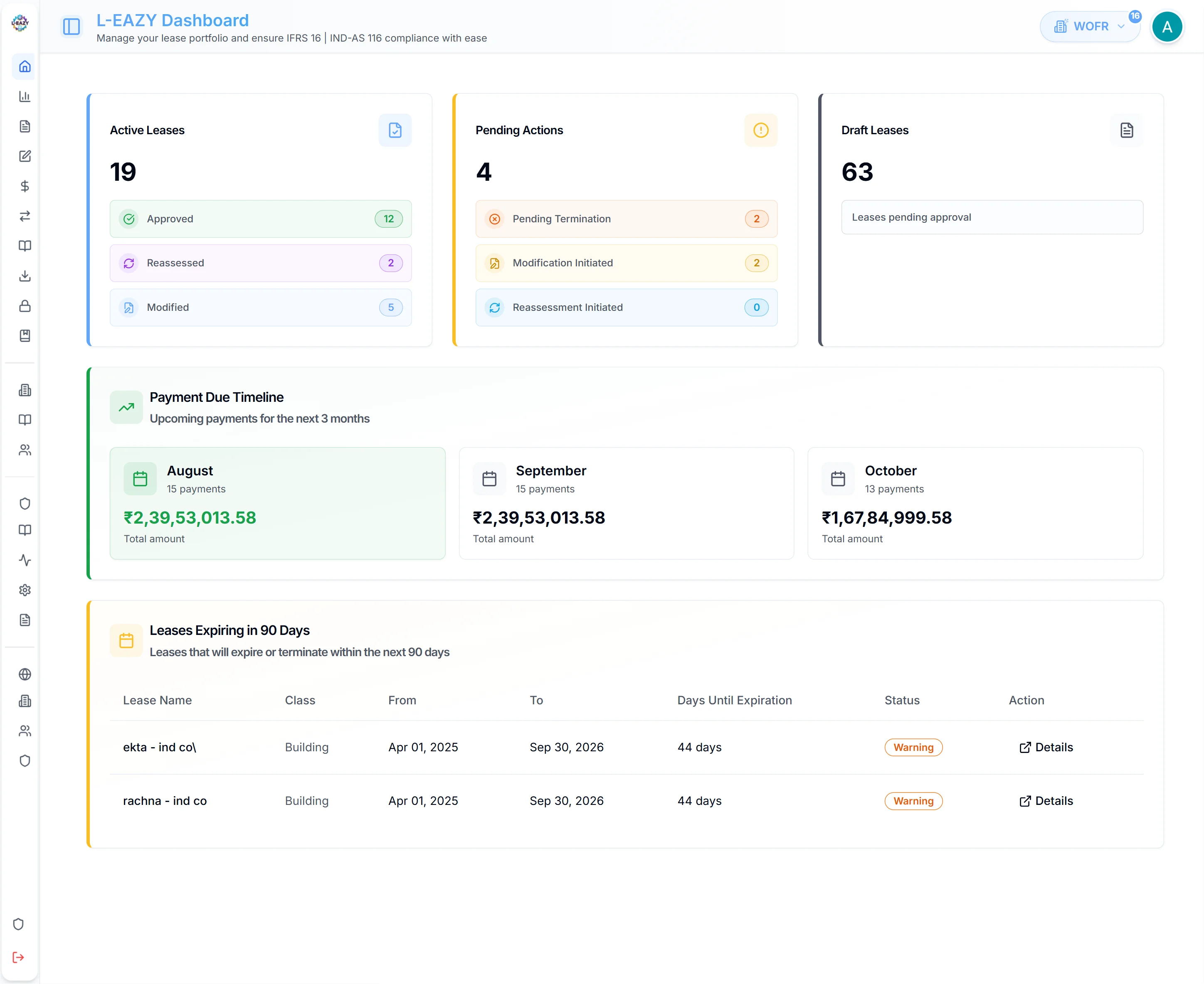 L-Eazy lease accounting software dashboard showing active leases, pending actions and upcoming payments